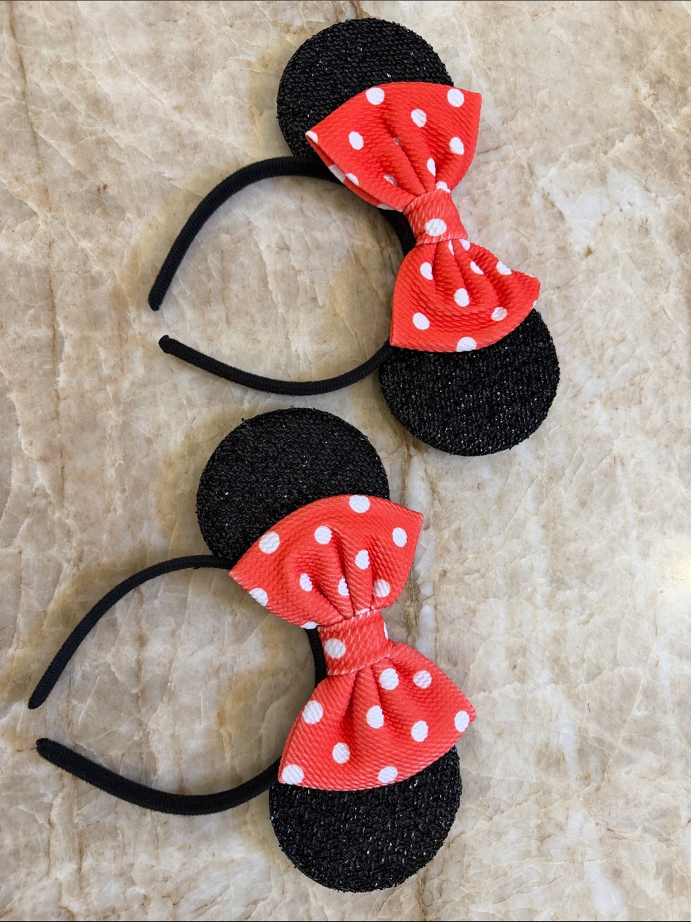 Black Sequin Minnie Ear Headbands with Red Polka Dot Bows